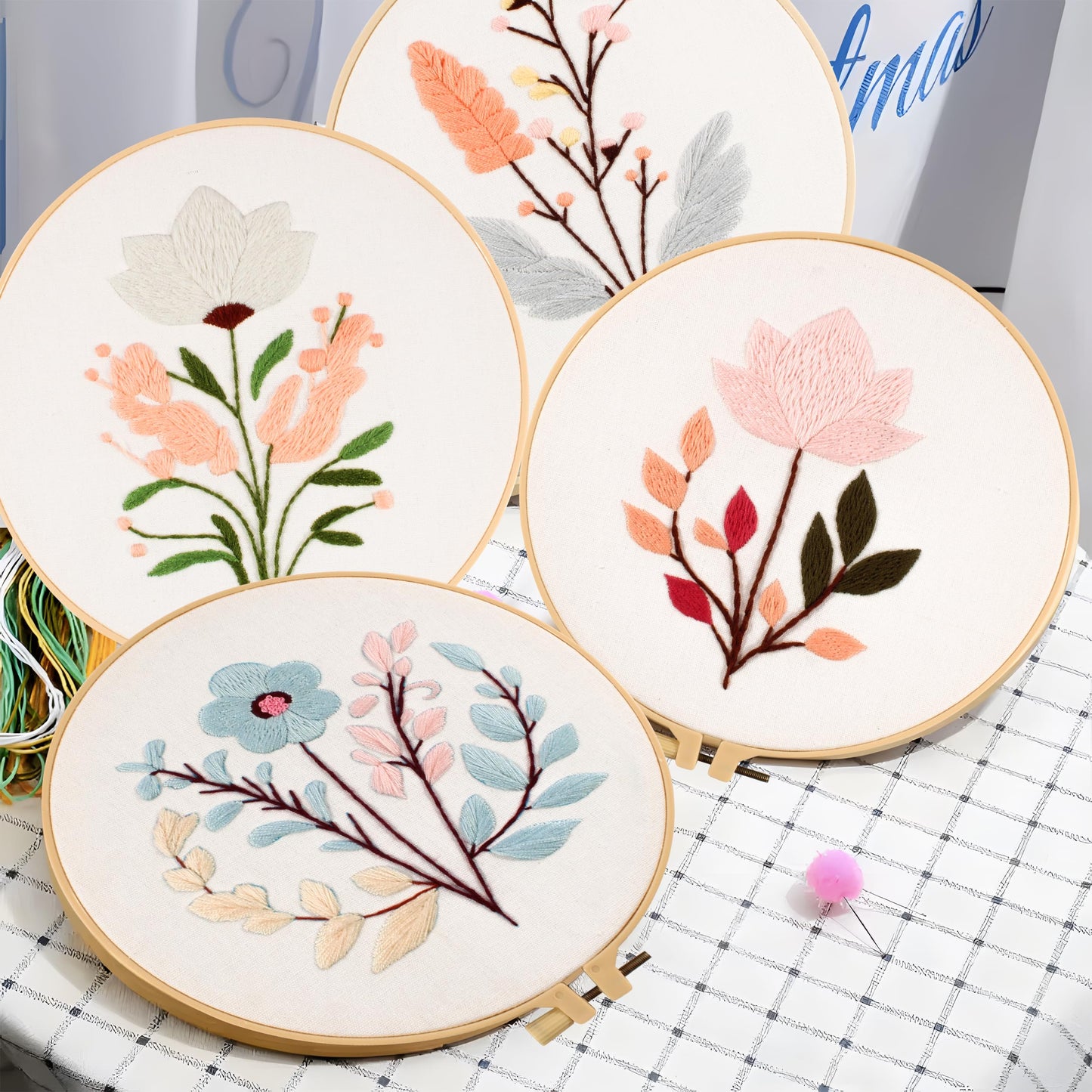 Maydear 4 Sets Embroidery Kit Punch Needle Kit,Embroidery Kit for Beginners Cross Stitch Kits with Embroidery Hoop and Instructions, Hand Embroidery Starter Kit for Adults (Four Flowers)