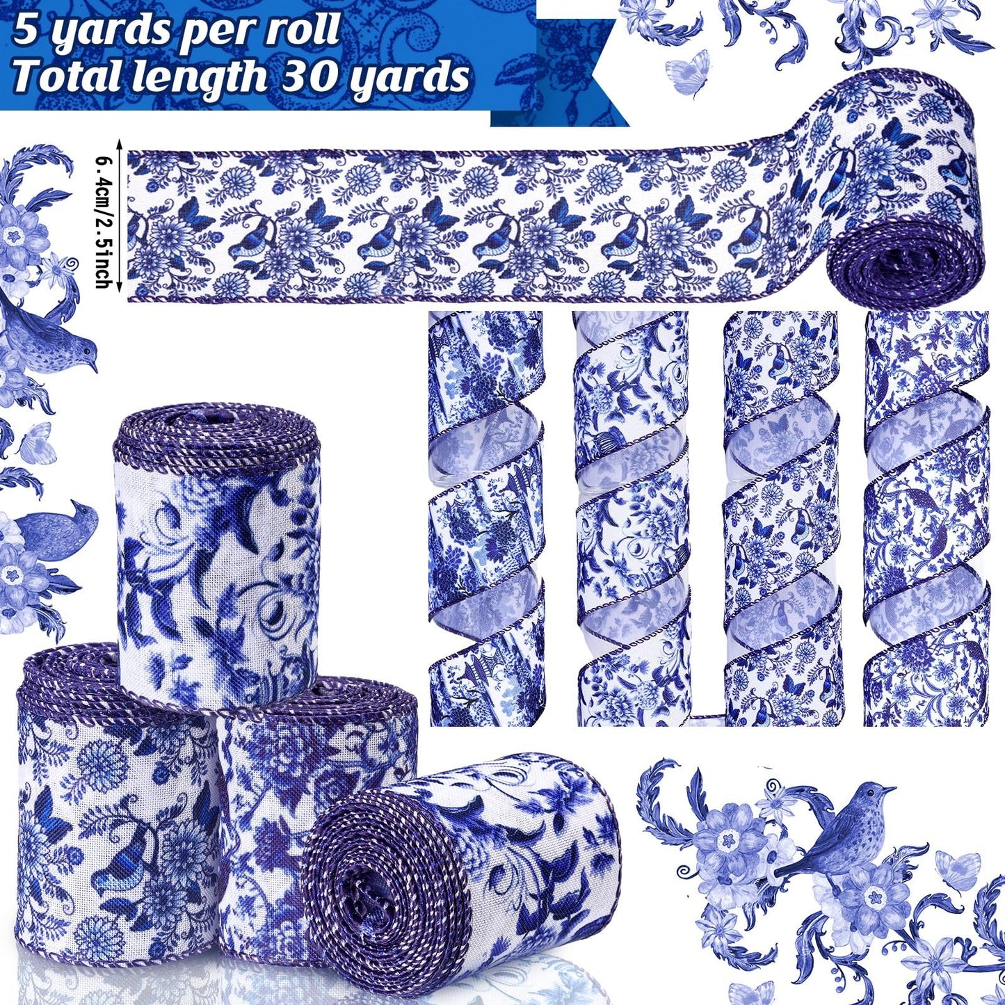 6 Rolls Christmas Chinoiserie Ribbon White and Blue Wired Edge Floral Ribbon Butterfly Flower Pattern Fabric Craft Wreath Bow Wrapping 2.52 Inches by 5 Yards