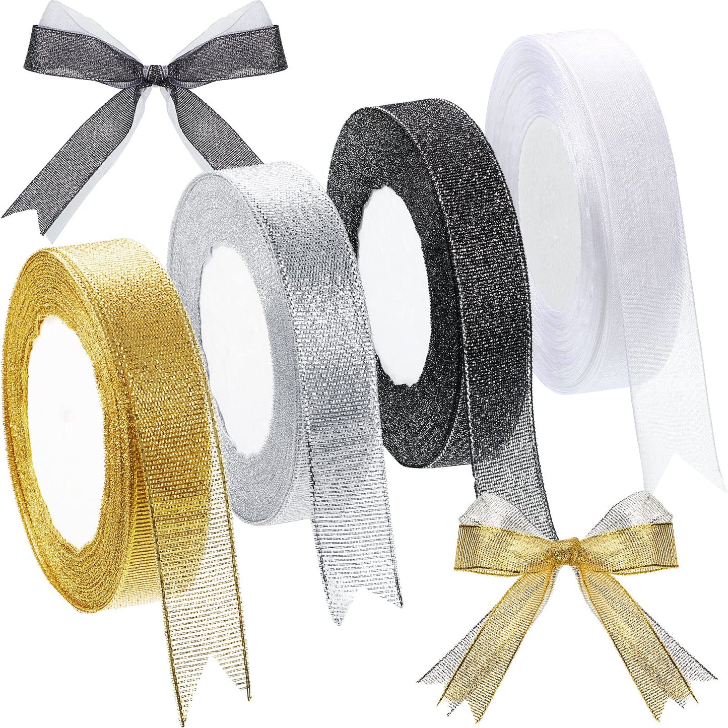 3 Rolls 25 Yards 4/5 Inch Glitter Metallic Ribbons and 1 Roll 50 Yards 4/5 Inch Organza Ribbon Golden Silver Glitter Ribbon for Gift Wrapping Wedding Birthday Party Christmas Decoration