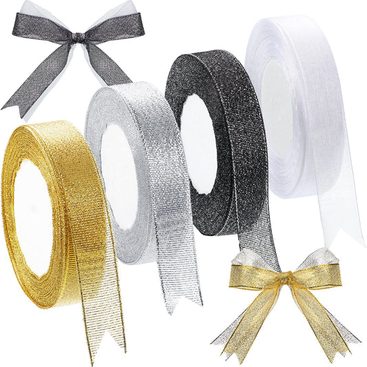 3 Rolls 25 Yards 4/5 Inch Glitter Metallic Ribbons and 1 Roll 50 Yards 4/5 Inch Organza Ribbon Golden Silver Glitter Ribbon for Gift Wrapping Wedding Birthday Party Christmas Decoration