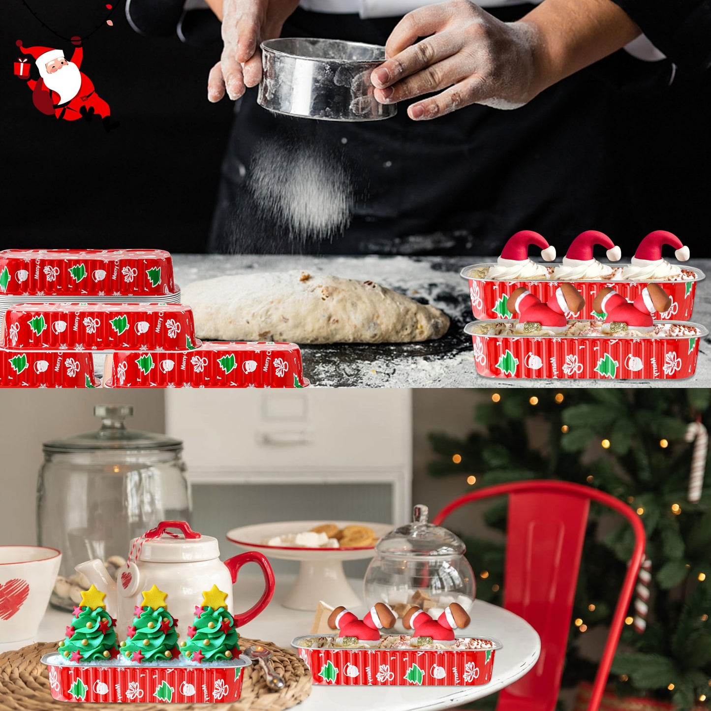 Cupcake Liners with Lids, 50PCS 6.8OZ Disposable Mini Cake Pans Disposable Aluminum Foil Baking Cups with Lids Aluminum Loaf Pans for Brithday,Red Christmas