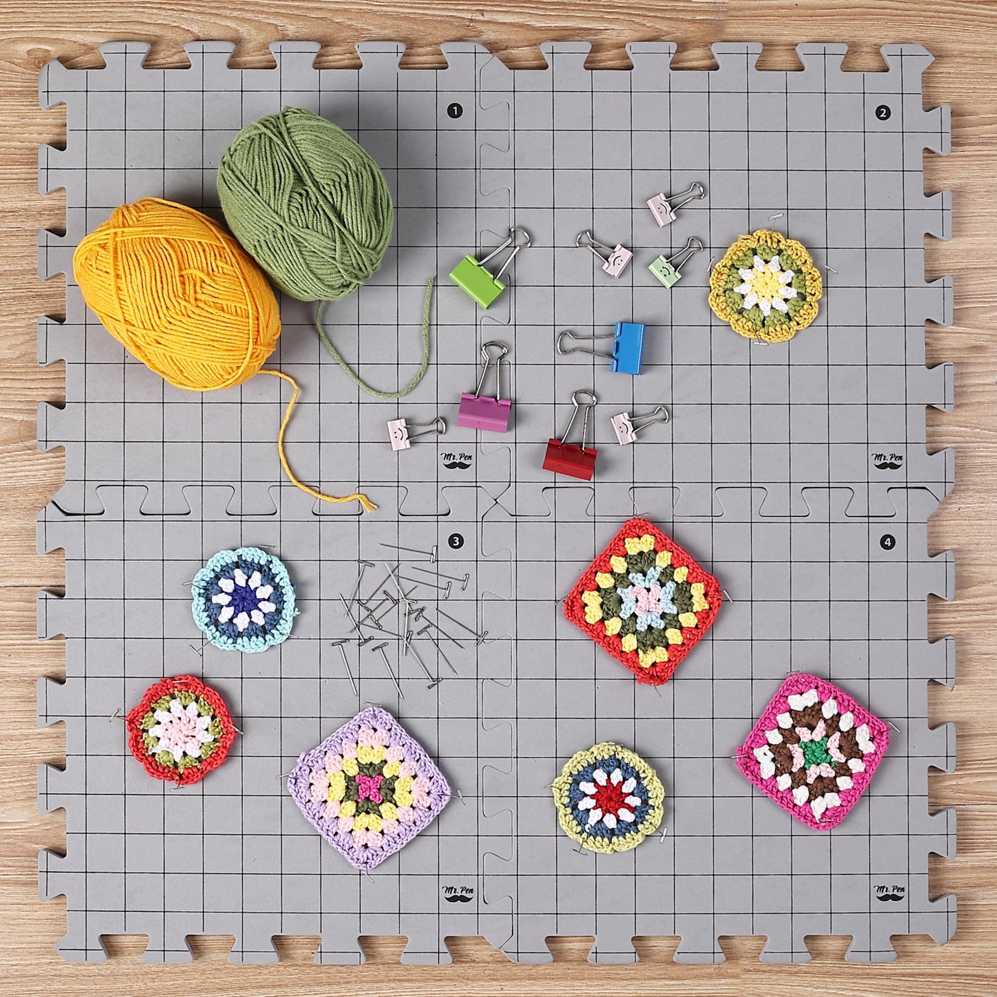 Blocking Mats for Knitting & Crochet Projects, 12" x 12", 9 Pack with 150 pcs T-Pins, Gray Aligned Grid Knitting Blocking Mats and Pins, Water & Heat Resistant