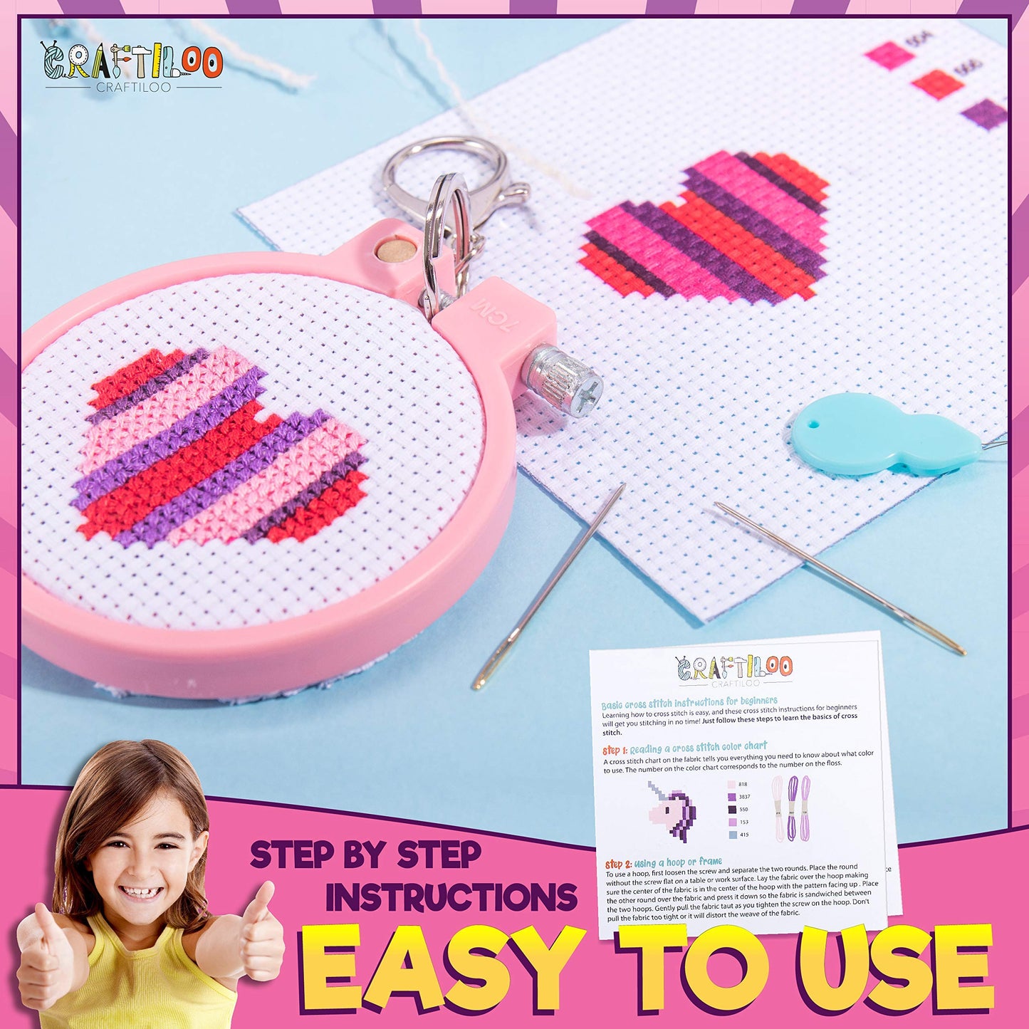Cross Stitch Kits for Beginners. 5 Stamped Cross Stitch Kits for Kids.Needlepoint Kits for Beginners. Embroidery Kit for Kids. Crossstitch Kit for Beginners. Girls Cross Stitch kit Backpack Charms