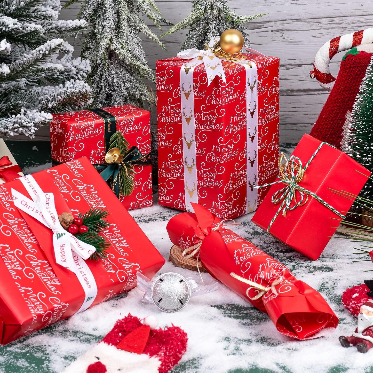 Reversible Red Christmas Wrapping Paper - Mini Roll - 17 Inch x 33 Feet - Merry Christmas and Solid Red Wrapping Paper for Holiday, Party Celebration