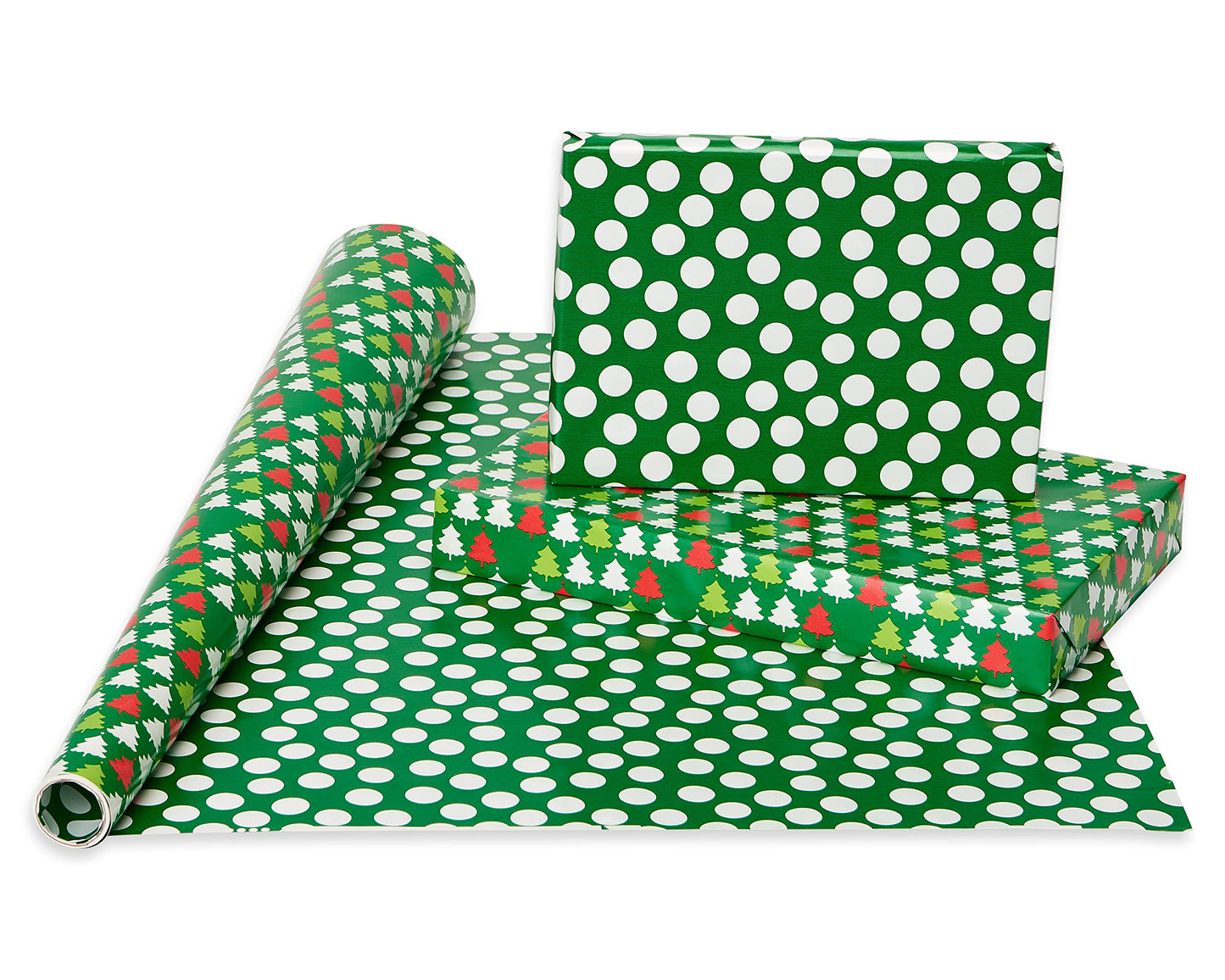 Reversible Christmas Wrapping Paper Rolls, Red and Green Holiday Gift Wrap (105 sq. ft., 4 Rolls-30 in. x 12 ft.) Polka Dots, Trees, Snowmen and Snowflakes