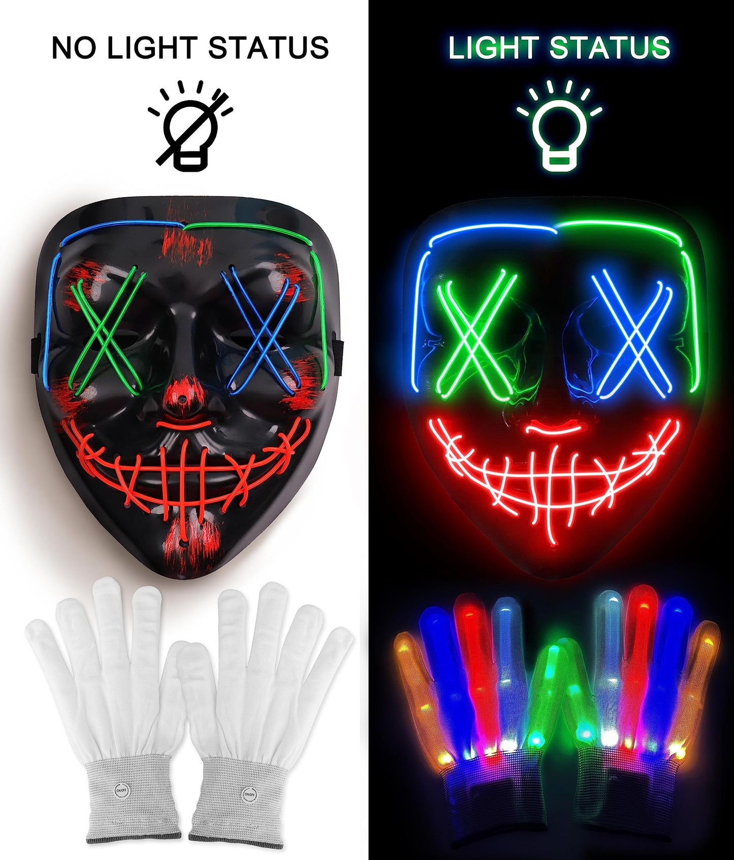 Halloween Mask Skeleton Gloves Set, Halloween Costumes Gifts for Men Women Boys Girls, 3 Modes Light Up Scary LED Mask with LED Glow Gloves, Halloween Decorations Scary Scream Anonymous Mask, 2 Pack