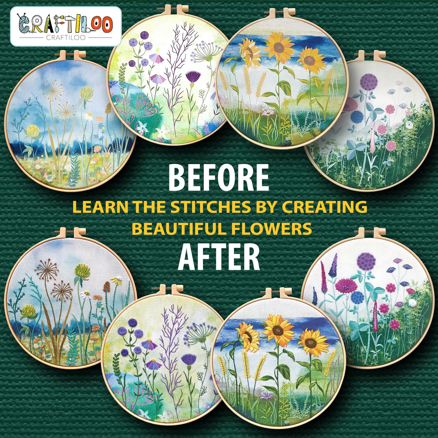 CRAFTILOO 4 Pack Embroidery Kit for Beginners Stamped Cross Stitch Kits for Beginners Needlepoint Kits for Adults Sunflower Cross Stitch Embroidery Kits Needlework Kit DIY Crafts for Woman