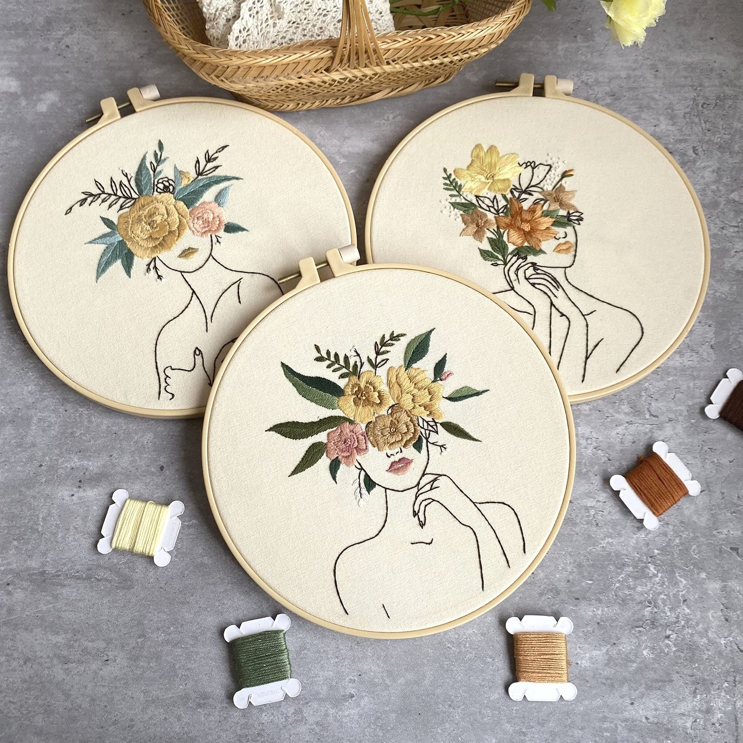 Harimau 3 in Beginner Embroidery Kit,Floral Plant Pattern,Cross Stitch Kits, Including Stamped Embroidery Cloth with 3 Embroidery Hoops, Color Threads and Embroidery Kits