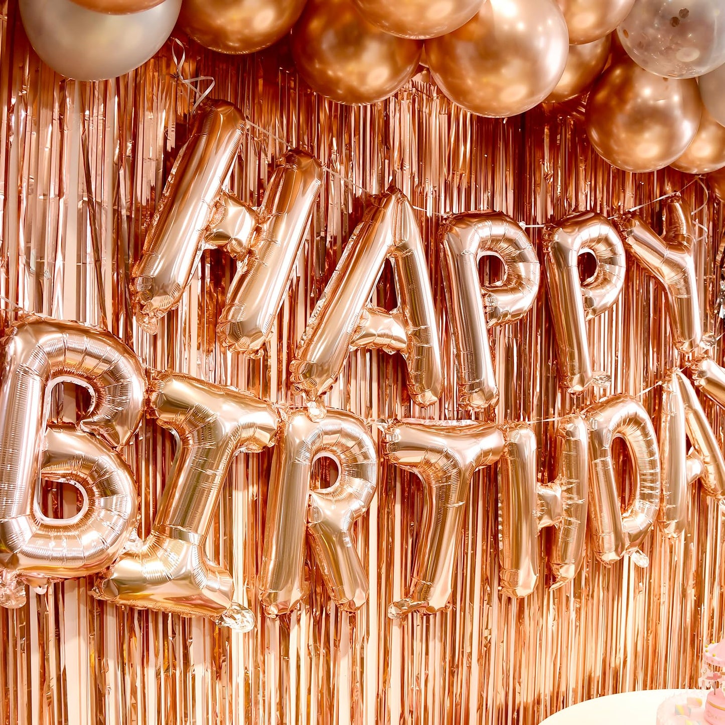 Rose Gold birthday decorations for women ，happy birthday party decorations for girls，Rose Gold Fringe Curtain，happy birthday banner， balloon letters