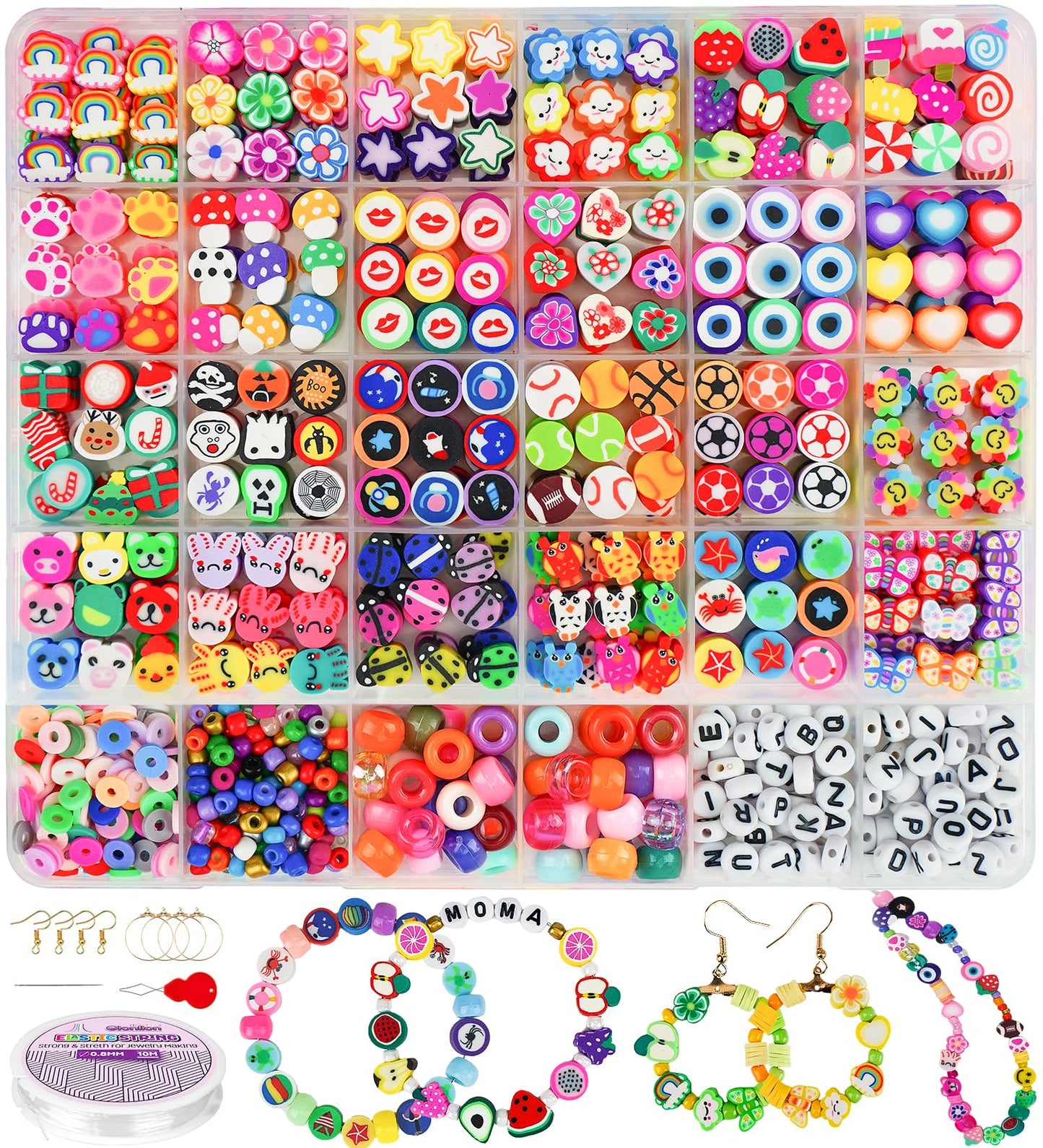1000PCS Polymer Clay Beads Bracelet Making kit, 24 Style Cute Fun Fruit Flower Rainbow Butterfly Animal Heart Star Beads Charms for Jewelry Necklace Making Gift for Girls Kids