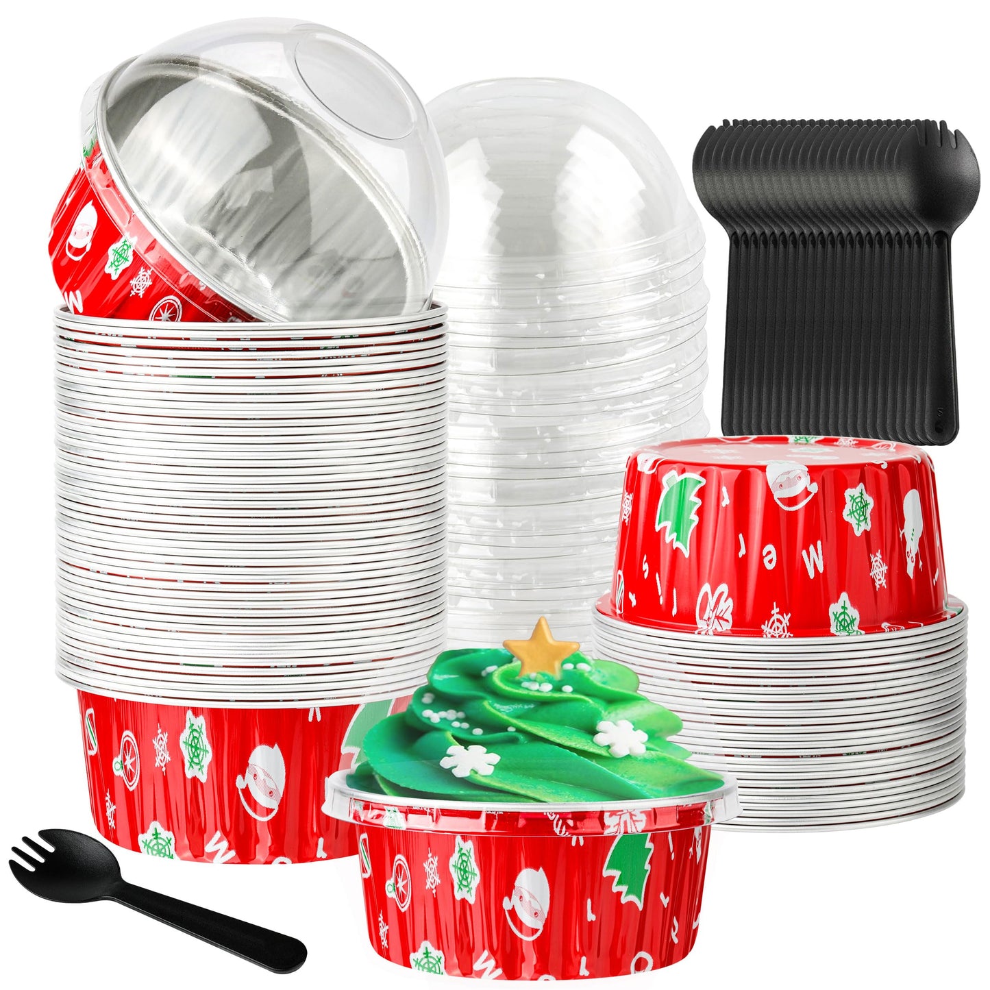Mini Cake Pans, 50PCS 4OZ Aluminum Foil Baking Cups with Lids Disposable Ramekins Cupcake Containers Wrappers Aluminum Pans With Lids Cake Cups, Red Christmas