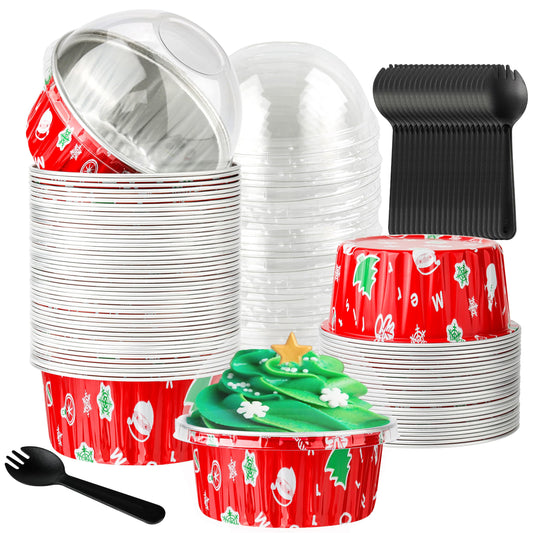 Mini Cake Pans, 50PCS 4OZ Aluminum Foil Baking Cups with Lids Disposable Ramekins Cupcake Containers Wrappers Aluminum Pans With Lids Cake Cups, Red Christmas