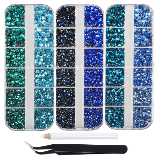 4500pcs+ Flatback Glass Hotfix Iron On Rhinestones Crystal for DIY Making with 1 Tweezer & 1 Picking Pen for Shoe, Cloth, Face Art, Bag, Manicure(3-Sizes, 6-colors, Blue Color Series)