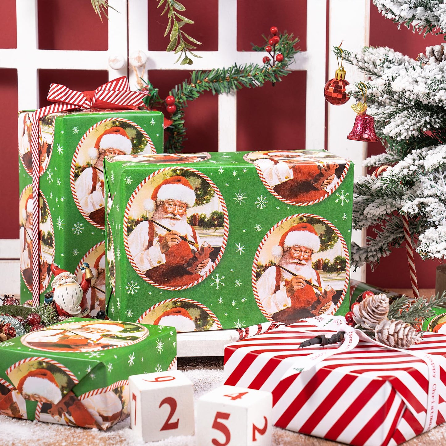 Christmas Reversible Wrapping Paper Roll, Mini Roll, Vintage Red Green Santa Claus Design and Red White Candy Cane Stripe Pattern Gift Wrap Paper for Holiday Gifts, 17 Inches x 32.8 Feet