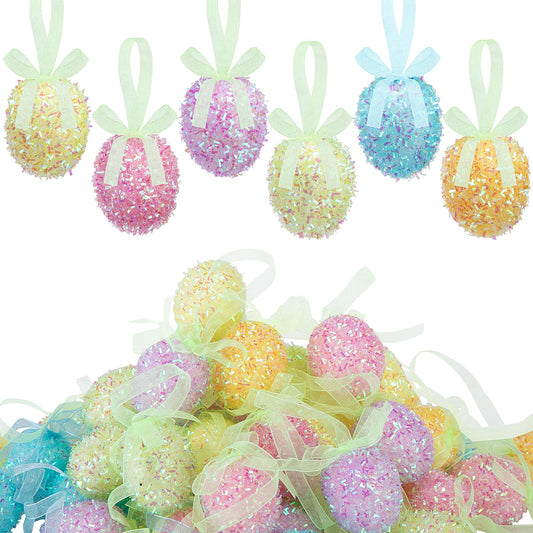 48 Pcs Easter Glitter Hanging Eggs, Shiny Tinsel Easter Egg Ornaments, Spring Foam Egg Hanging Decoration for Home Holiday Party Celebrations Tree Wall DIY Craft Decoration (1.3'' x 1.6'')