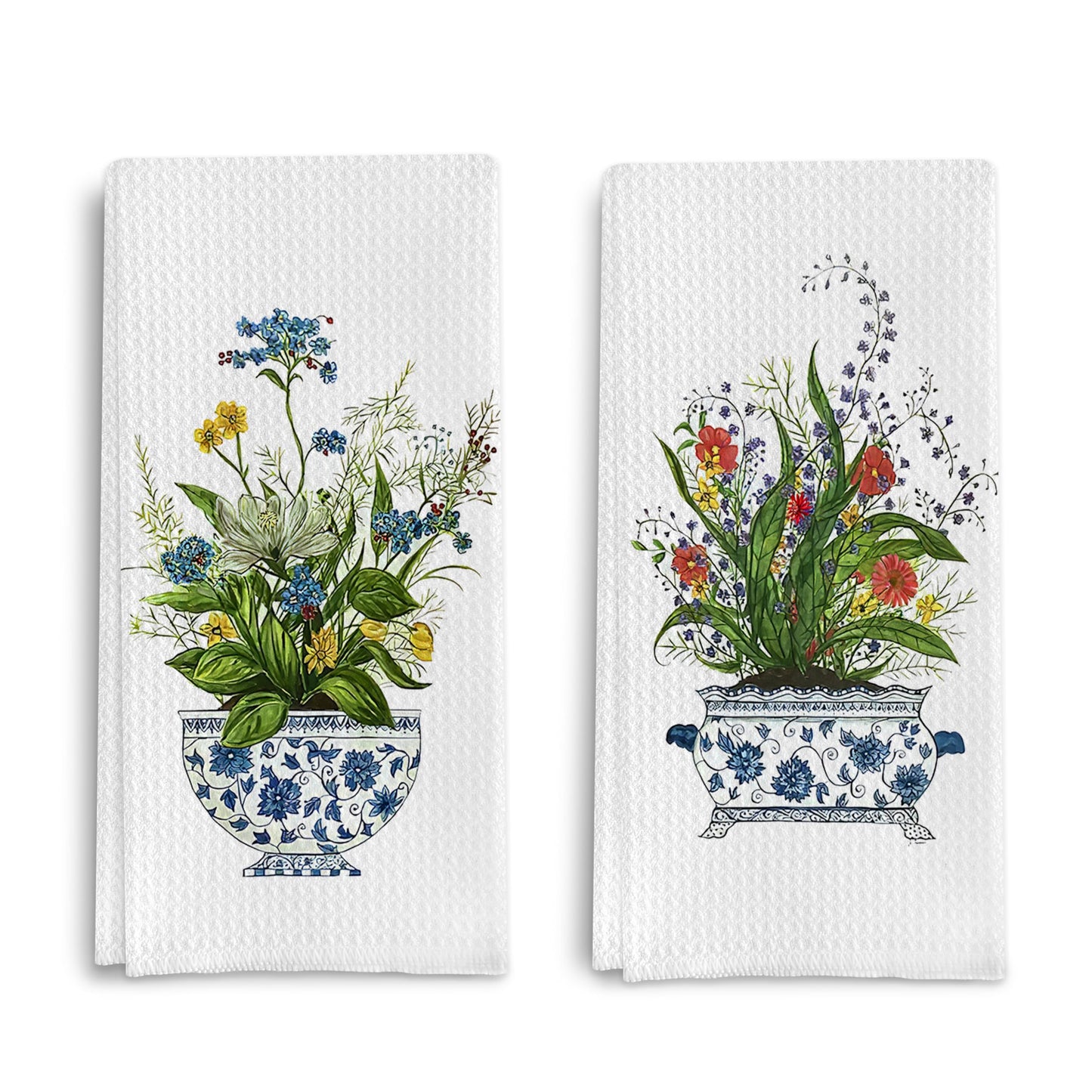 Qpenm Chinoiserie Floral Kitchen Towels Set of 2 - Retro Flower Chinoiserie Dish Towels for Kitchen, Chinoiserie Kitchen Hand Towels, Chinoiserie Waffle Weave Tea Towels Decorative Set 16 X 24 Inch