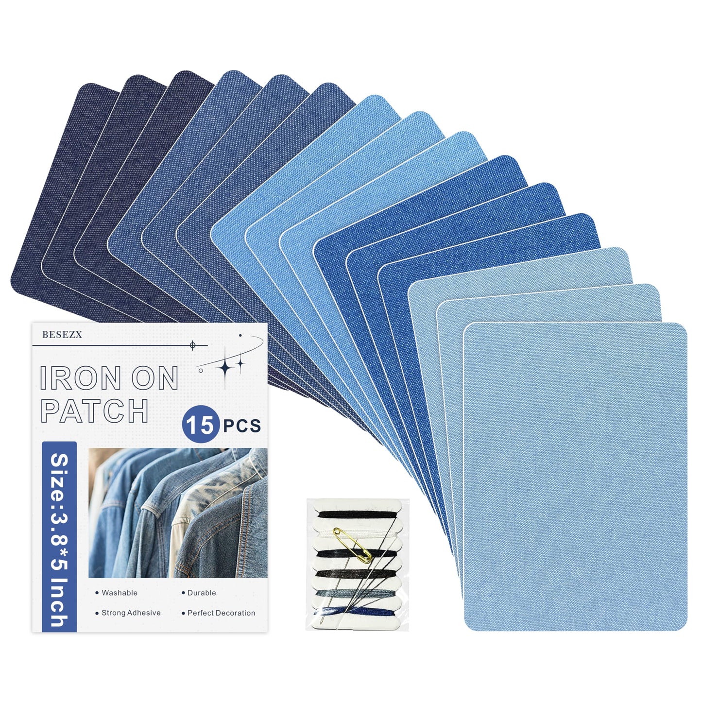 Iron on Patches for Jeans Kit, 15PCS Patches for Jeans, Iron on Denim Patches for Inside Jeans, Clothing, Denim, Knee, Pants 3.8" by 5" (Five Color)