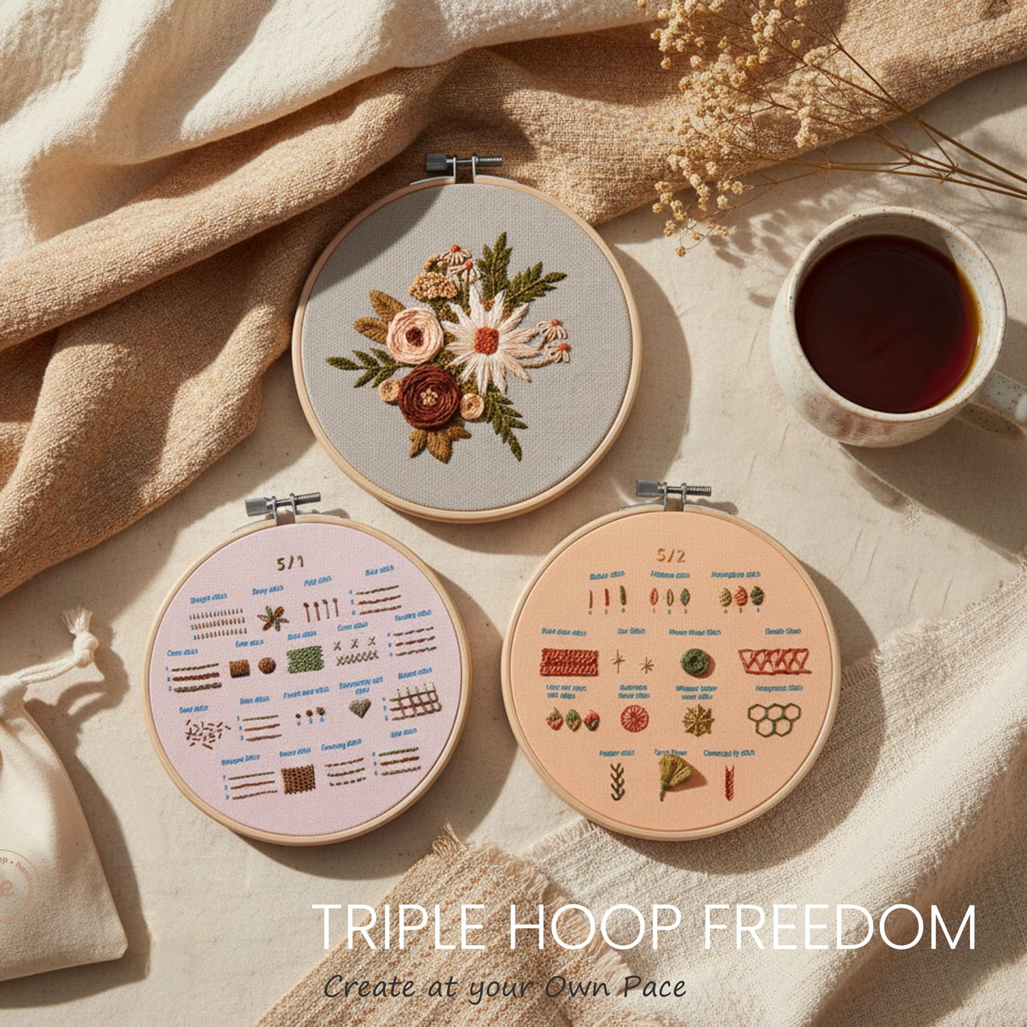 nevora shop 3 Hoop Embroidery Kit for Beginners Adults – Learn 32 Stitches with 3 Progressive Projects, Stamped Patterns, Video Tutorial & Free Organizer Bag.