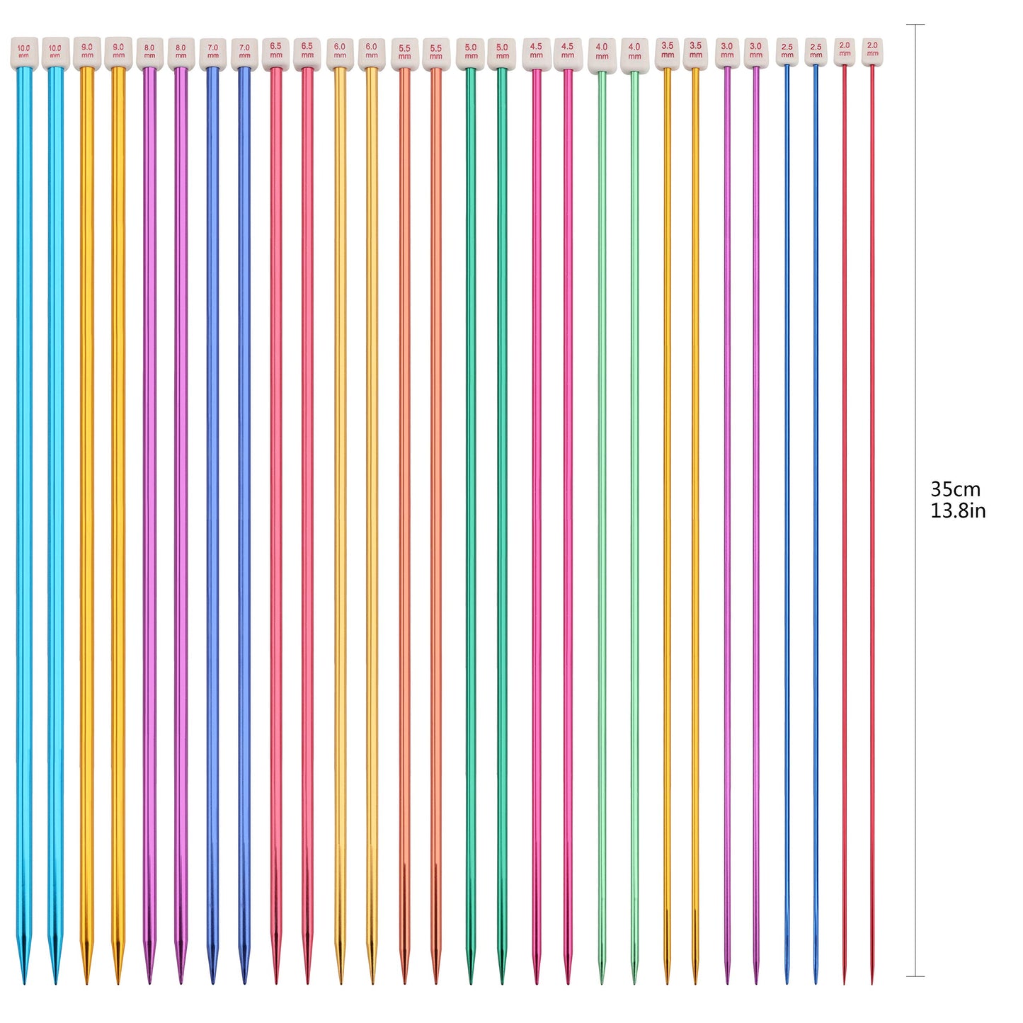 BCMRUN 28Pcs/14 Pairs Stainless Steel Knitting Needles Set, Colored Straight Single Pointed Metal Knitting Needles, 14 Size from 2.0mm-10.0mm, 13.8 Inches Length for Handmade DIY Knitting (35cm)