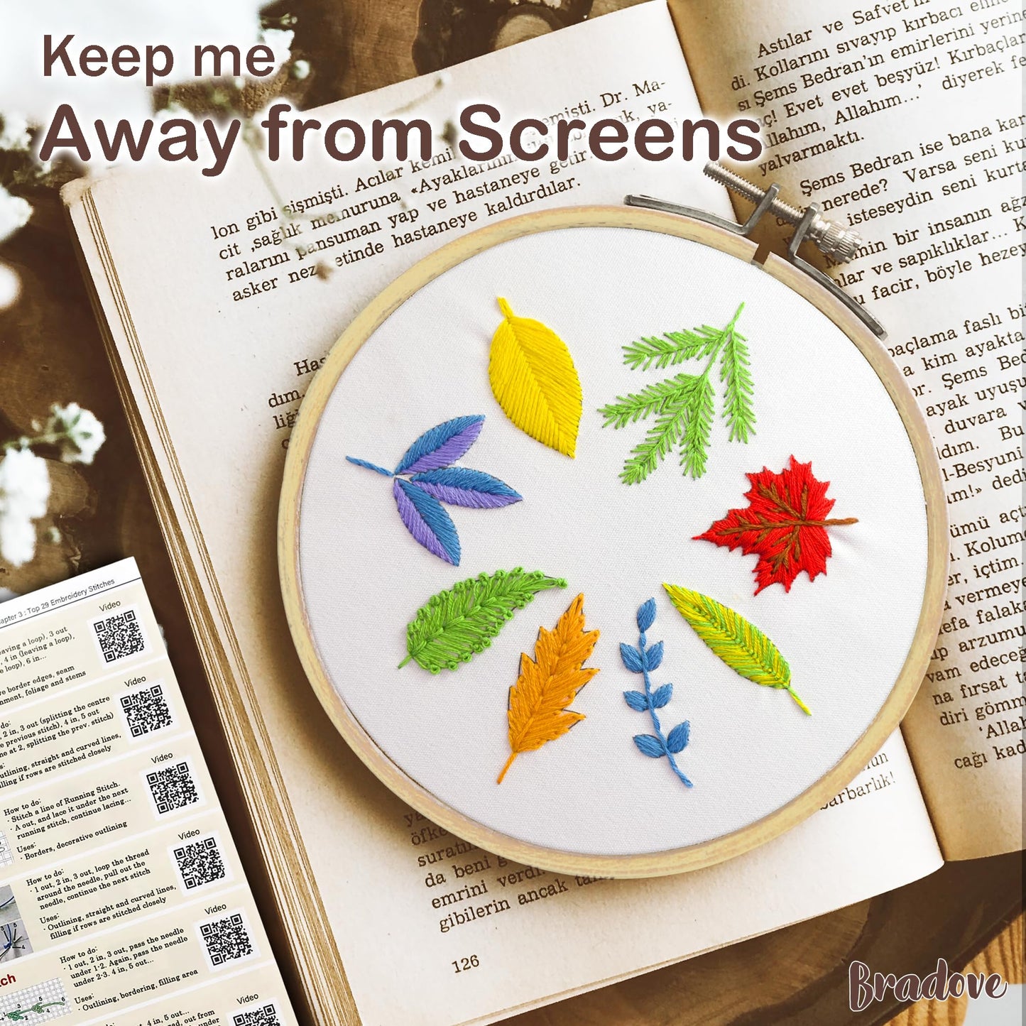 Bradove 3 Sets Leaves and Flowers Embroidery Kit with Embroidery Patterns, Adult Beginner Learn to Embroider Kit, Stitches Kit