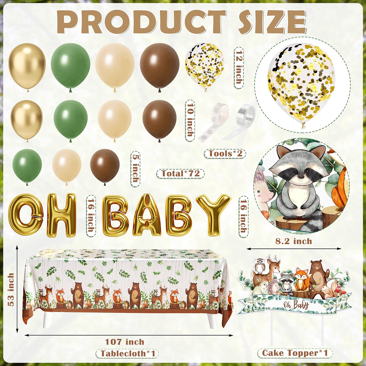 BORAMDO Woodland Animals Baby Shower Decoration Pack Forest Animal Neutral Gender Reveal Party Supplies Woodland Themed Birthday Party Ideas Set 106 Pcs Backdrop, Tablecloth, Cake Toppers, Balloons