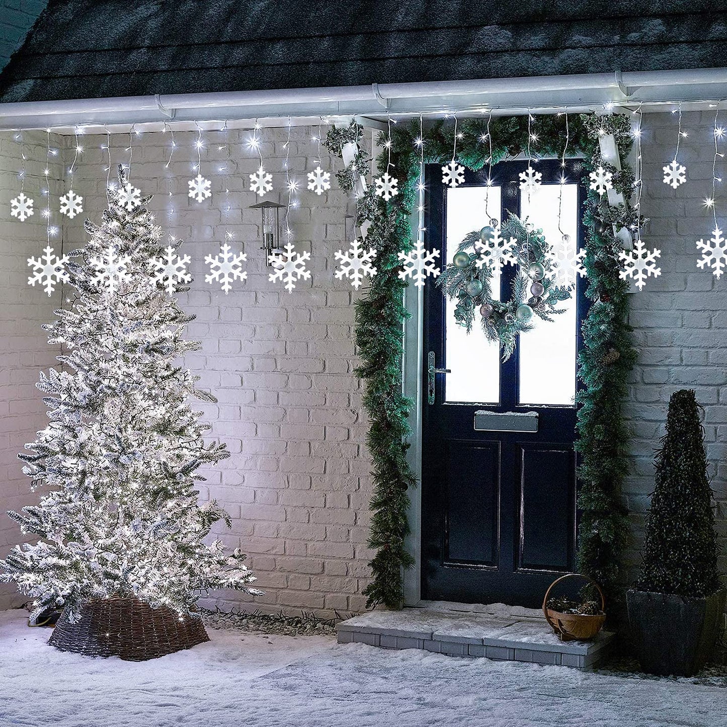 Christmas Snowflake Lights Outdoor, 17.22ft 264 LED Snowflake Icicle Lights with 22 Drops, Connectable, 8 Modes Waterproof White Christmas Light for Curtain, Eaves, Window, Xmas Decorations