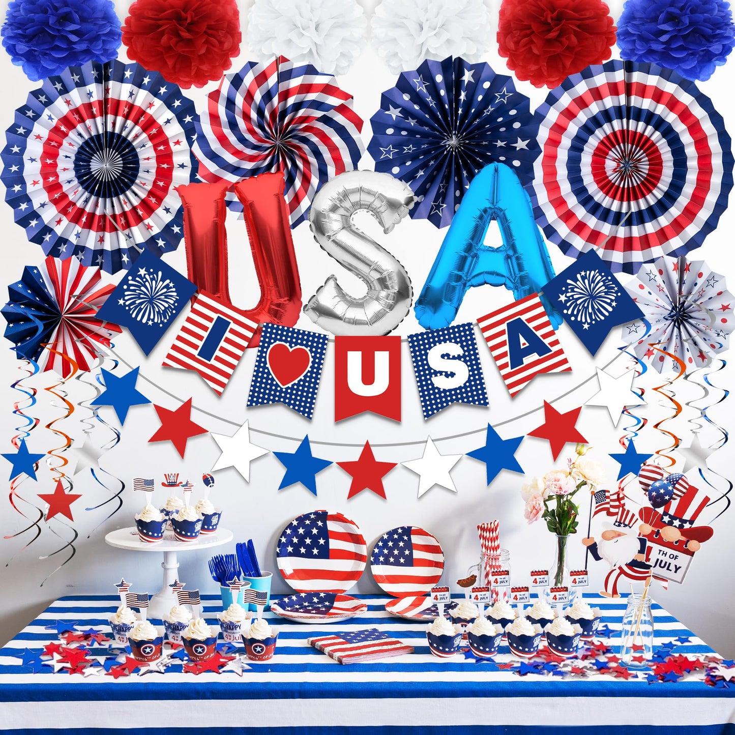 DMIGHT 4th of July Decorations, 33PCS Patriotic Memorial Day Decorations Set with Banner, USA Balloons, Paper Fans, Star Streamer, Hanging Swirls, Paper Pom Poms for Fourth of July Red White and Blue