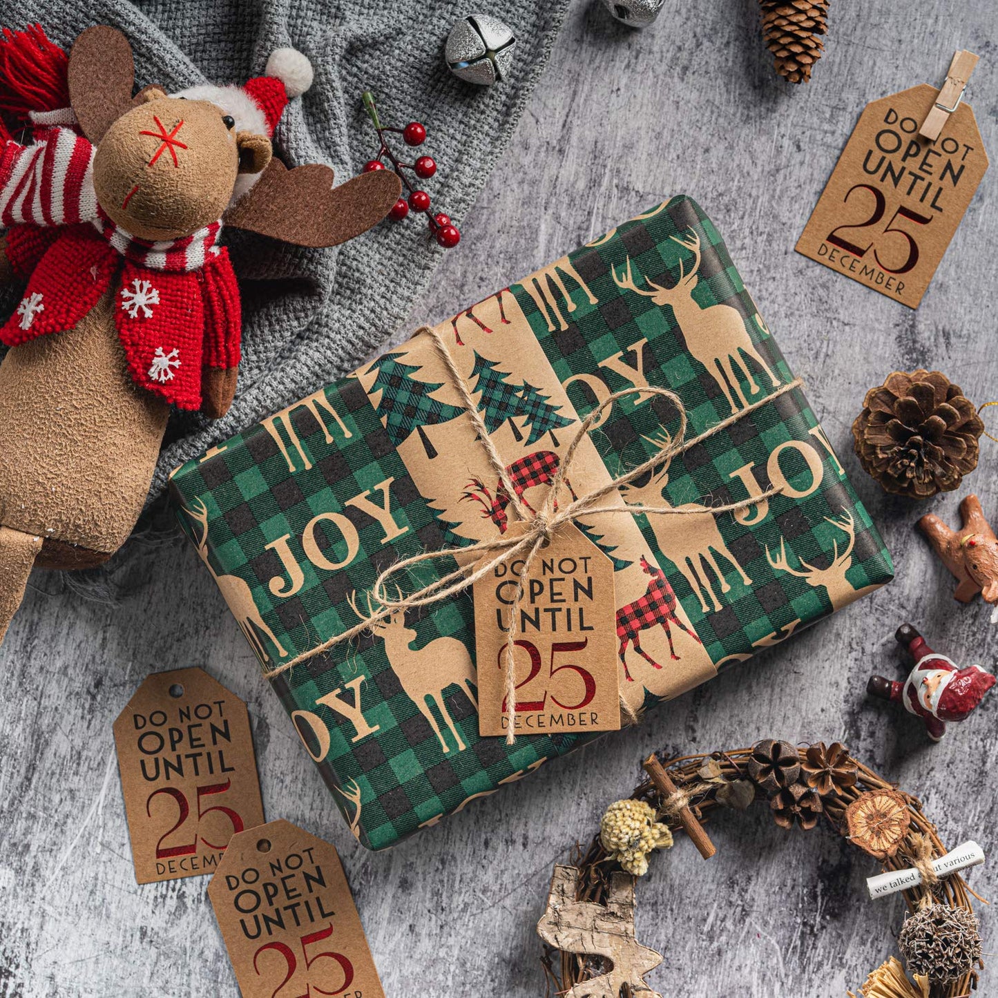 Christmas Wrapping Paper, Kraft Paper - Red and Green Plaids Style Designs - 4 Rolls - 30 inches x 10 feet per Roll