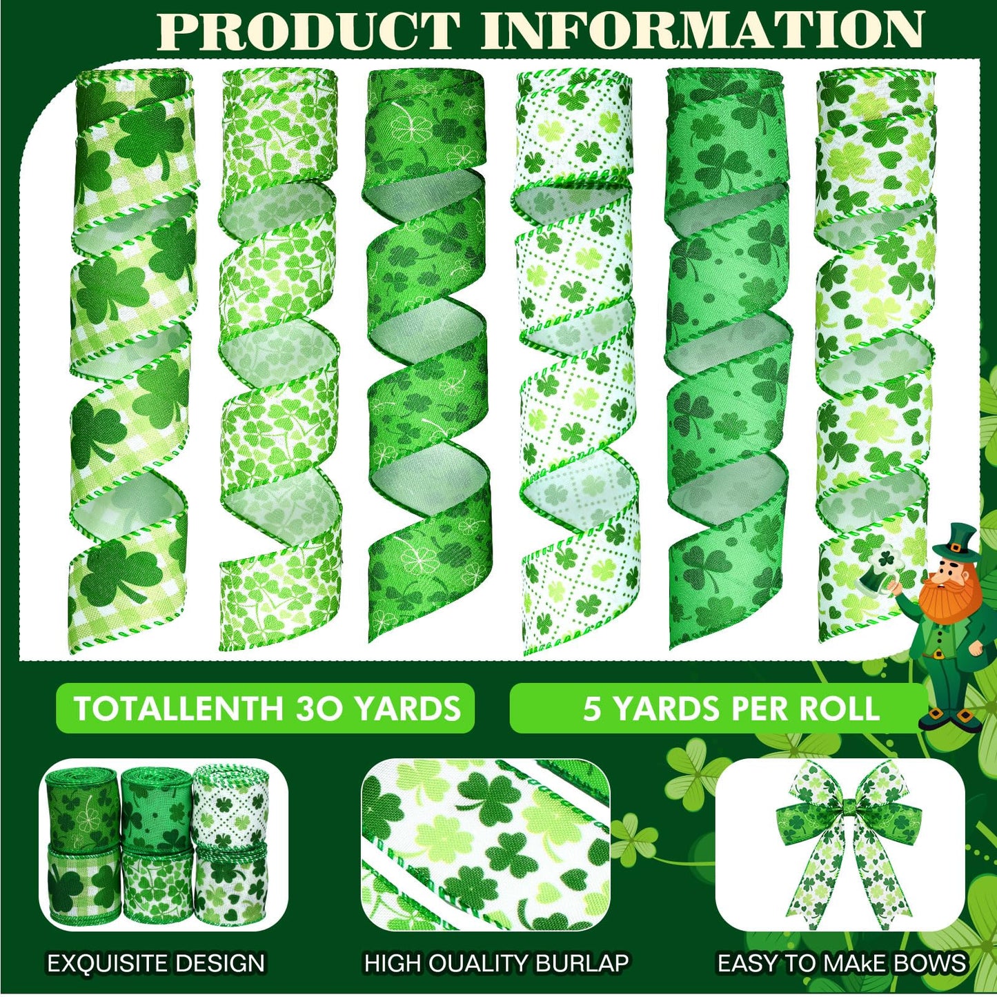 10 Rolls St. Patrick's Day Ribbon 4 Rolls Mesh Ribbon 6 Rolls Shamrock Wired Edge Irish Metallic Mesh Wreath Gift Wrapping for St. Patrick's Day Party Decorative DIY Craft