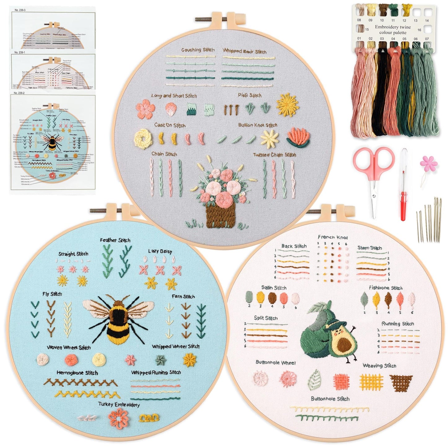 3 Embroidery kit for Beginners, Beginner Embroidery Kit for Adults. Starter Kits to Learn 28 Different Stitches, Including Fabric with Prints, Threads, Needles, Hoop and Video tutorials…