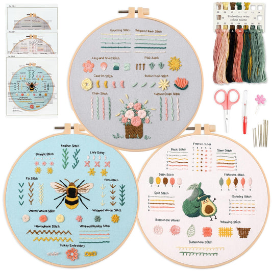 3 Embroidery kit for Beginners, Beginner Embroidery Kit for Adults. Starter Kits to Learn 28 Different Stitches, Including Fabric with Prints, Threads, Needles, Hoop and Video tutorials…