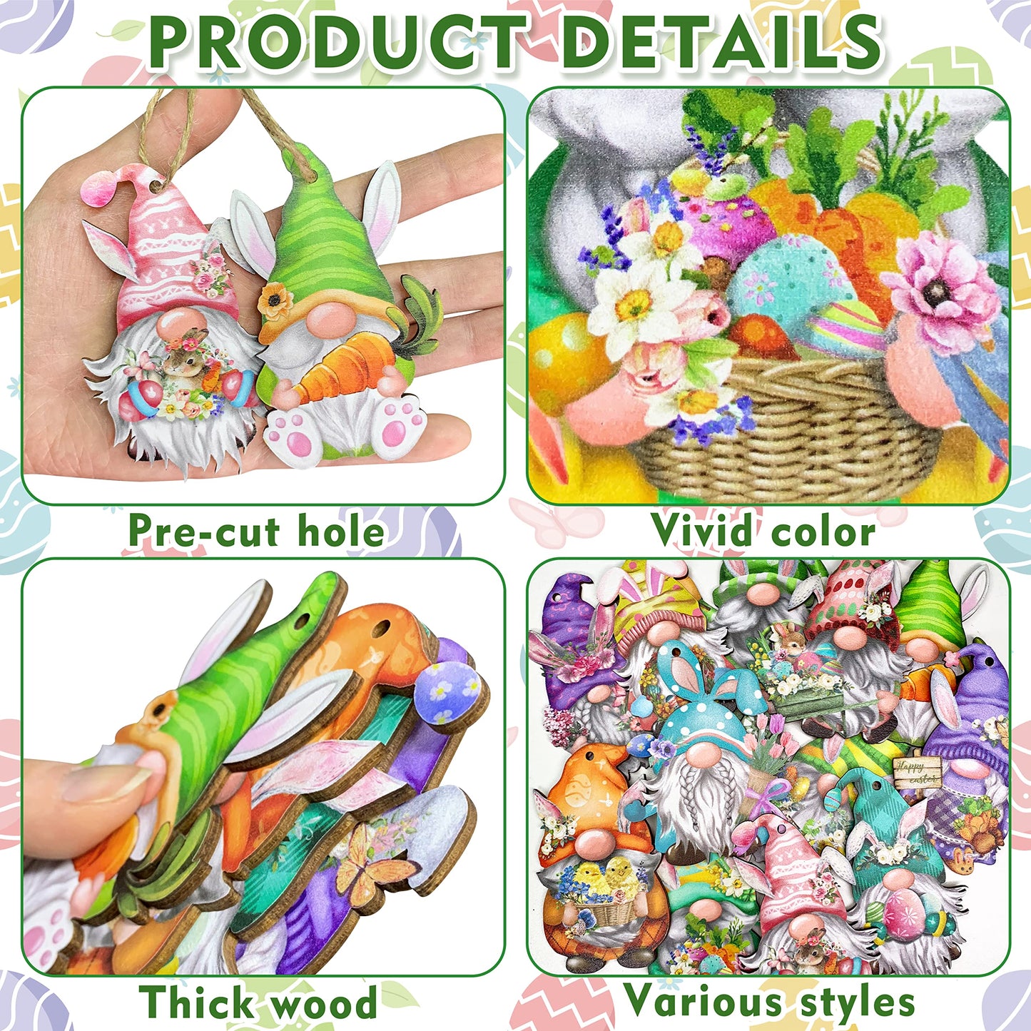 24 Pieces Easter Wooden Gnome Hanging Ornaments Hanging Decor for Easter Tree Decoration Gnomes Bunny Doll Wooden Hanging Craft