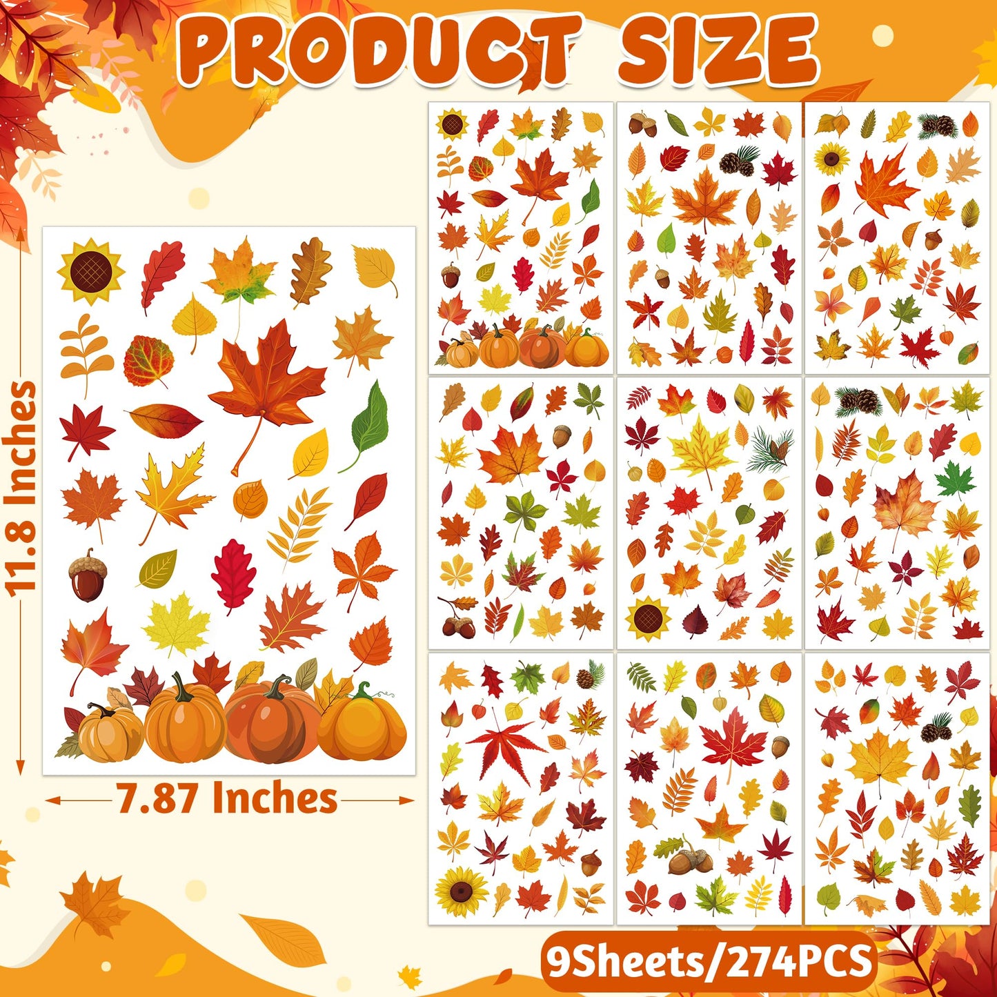 9 Sheets Fall Decorations, 274 PCS Fall Window Clings, Double Sided Autumn Stickers with Maple Leaves Pumpkin Nuts, Autumn Window Clings for Party Thanksgiving Decor Indoor Outdoor Accessories