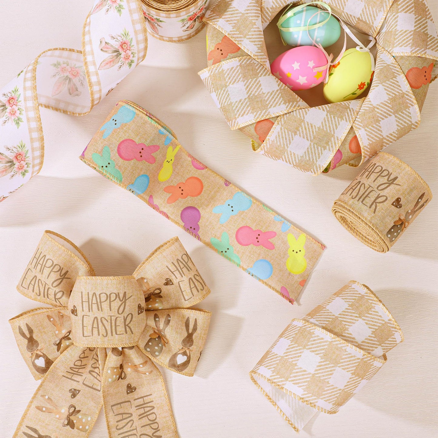 Easter Wired Edge Ribbon Farmhouse Bunny Burlap Ribbons 2.5" Plaid Rustic Peeps Wired Ribbon for Easter Holiday Gift Wrapping Wreath Bow Decor DIY Craft, 24 Yards