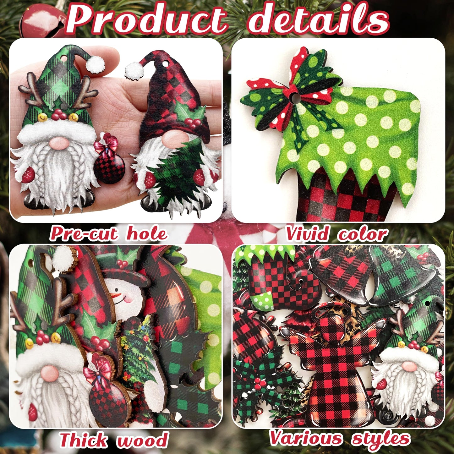 JOPHMO 24 Pieces Christmas Wood Ornaments Snowflake Gnome Snowman Truck Wooden Hanging Ornaments Christmas Tree Cutouts Wood Crafts Holiday Decor Xmas Party Supplies (Xmas-Mixed-A)