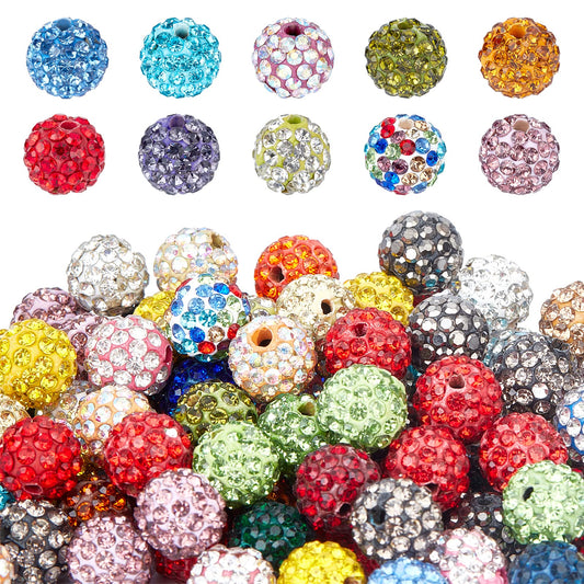 PH PandaHall 10mm Crystal Beads Rhinestones Beads 100pcs Pave Disco Ball Beads Mixed Color Polymer Clay Diamond Round Beads for Summer Bling Pen Bracelet Necklace Earring Jewelry Making Christmas