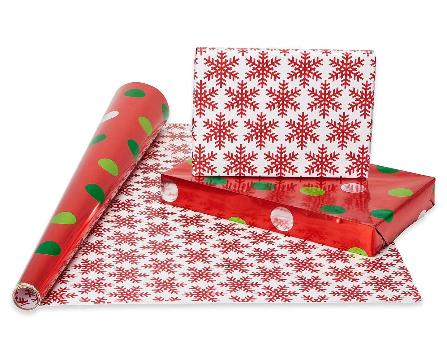 Reversible Christmas Wrapping Paper Rolls, Red and Green Holiday Gift Wrap (105 sq. ft., 4 Rolls-30 in. x 12 ft.) Polka Dots, Trees, Snowmen and Snowflakes