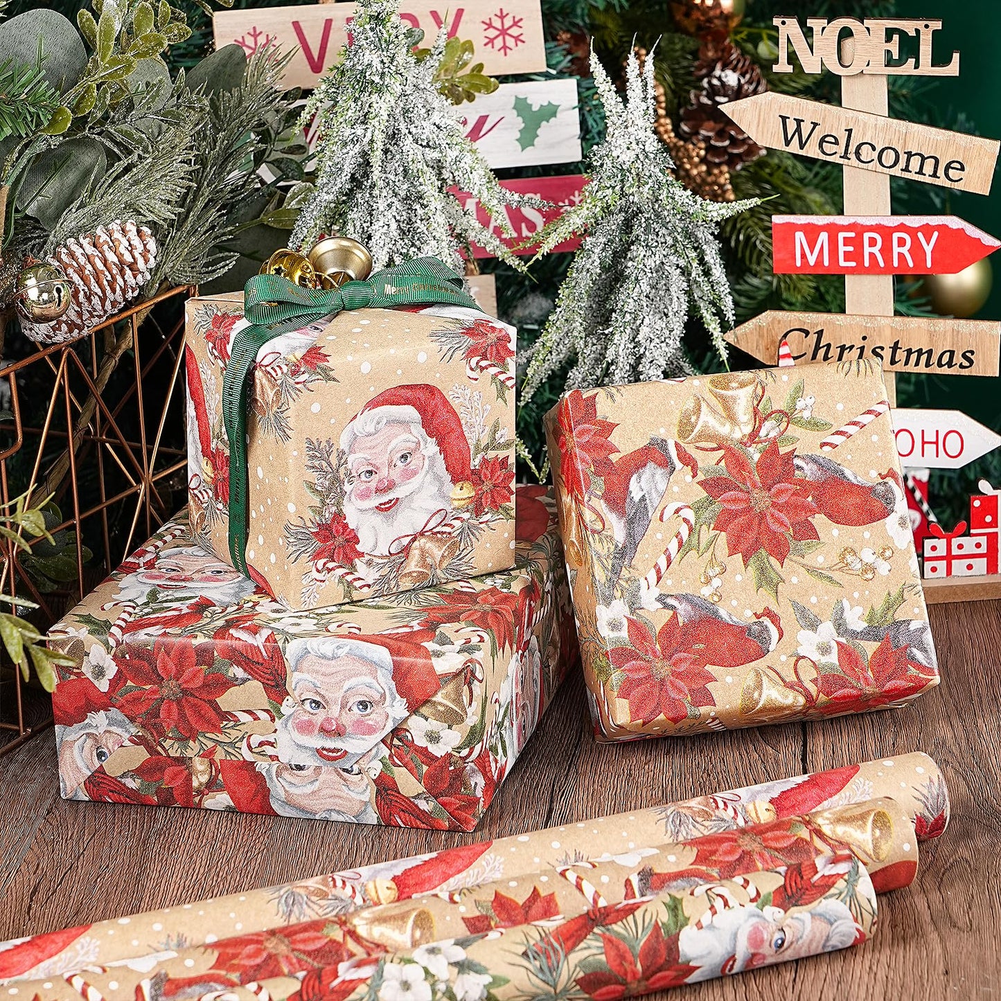 Kraft Christmas Wrapping Paper Set, Jumbo Roll, Vintage Santa, Bird, Poinsettia,and Gold Snowflake Plaid Design, Kraft Gift Wrap for Christmas, Holiday, 4 Rolls, 30 Inches x 10 Feet per Roll