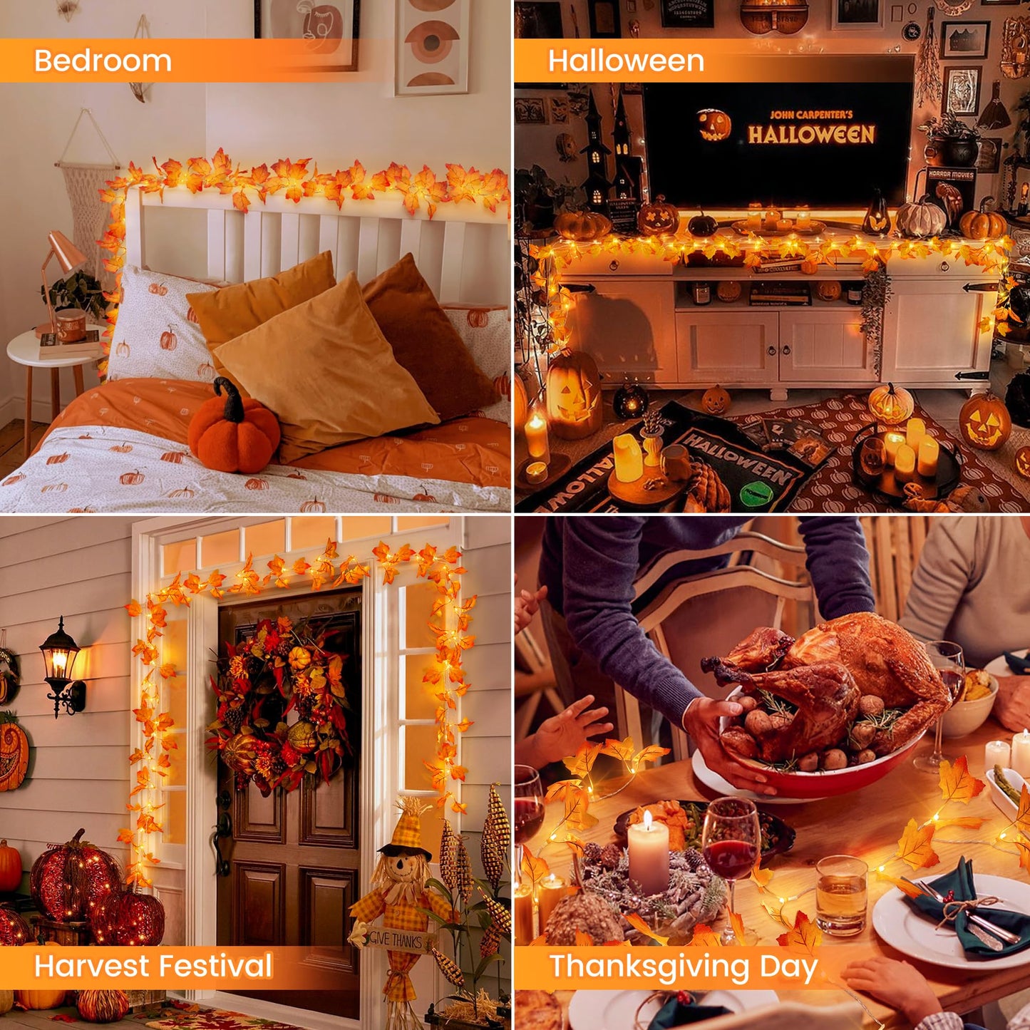 Hopolon 2Pack Fall Decorations for Home,Thanksgiving Lighted Fall Garland,Total 20Ft 40LED Maple Leaves String Lights,Battery Operated Fall Lights for Indoor Halloween Home Autumn Harvest Decor