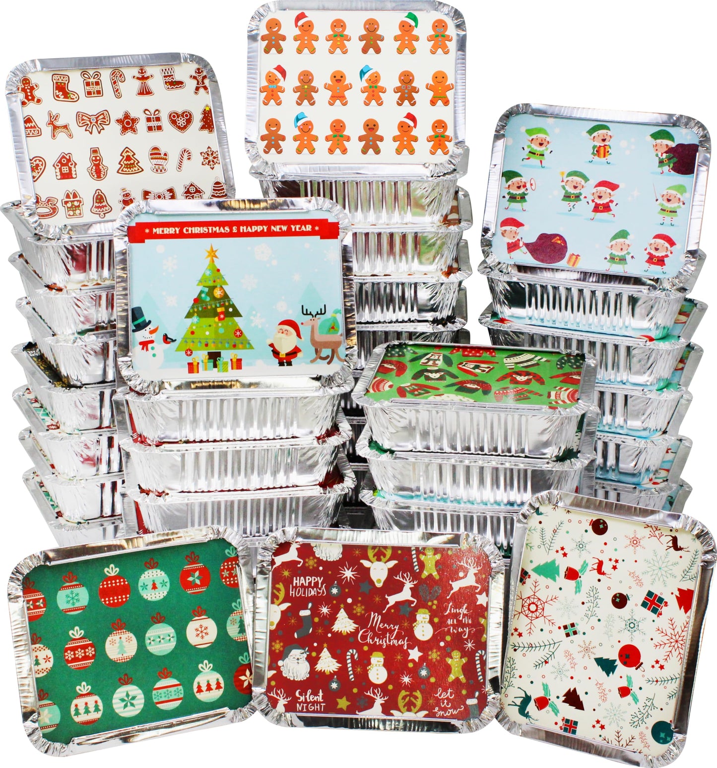 JOYIN 48 Pieces Christmas Foil Containers with Lids, 8 Holiday Designs, 8.5"x6"x2" Rectangular Treat Foil Containers, Disposable Food Storage Pan for Holiday Leftovers, Xmas Gift-Giving