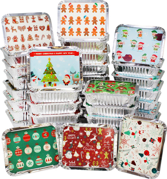 JOYIN 48 Pieces Christmas Foil Containers with Lids, 8 Holiday Designs, 8.5"x6"x2" Rectangular Treat Foil Containers, Disposable Food Storage Pan for Holiday Leftovers, Xmas Gift-Giving