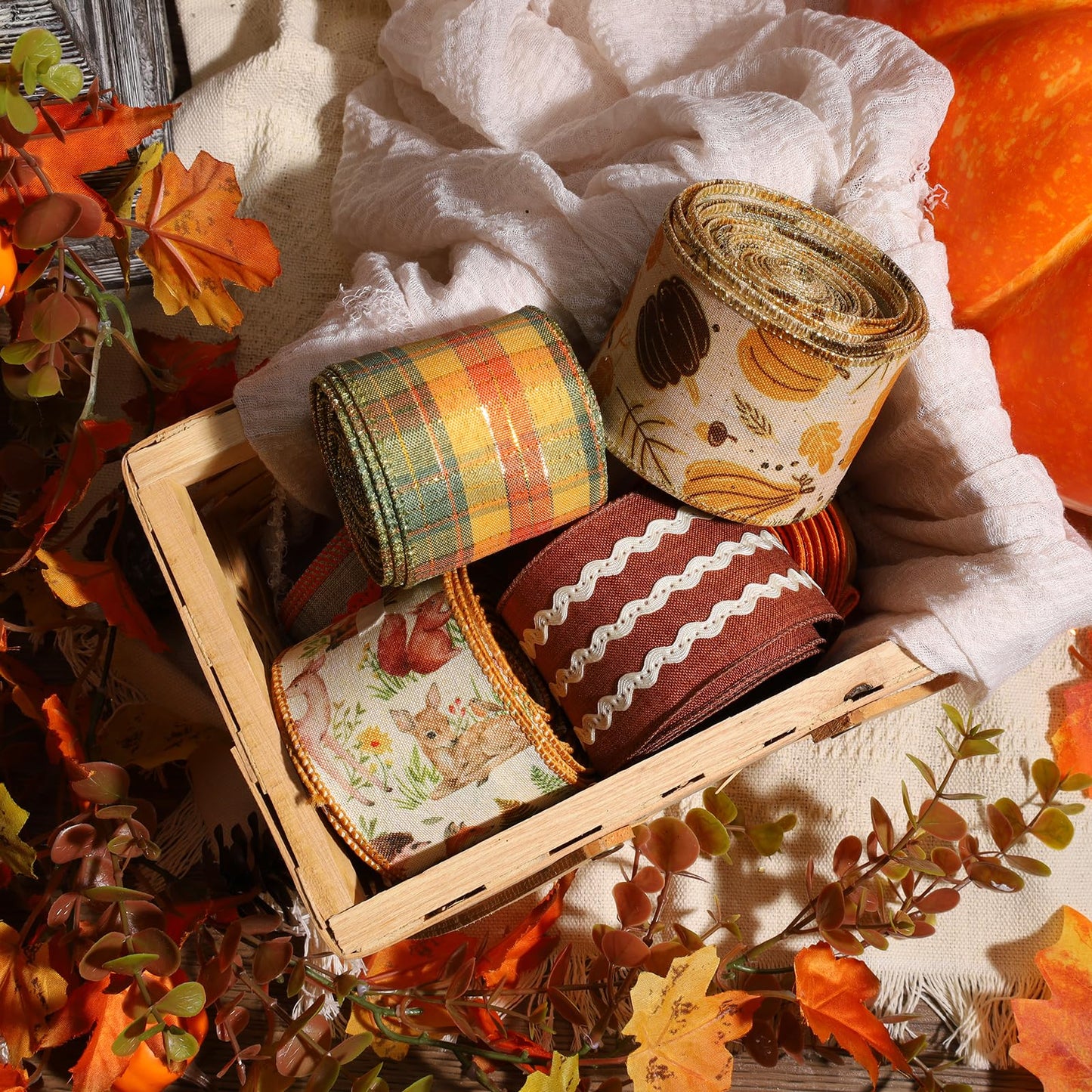 LaRibbons Fall Burlap Plaid Ribbon Wired 2 1/2" x 6 Yards 4 Rolls, Animal Park Ribbon for Autumn Wreath Thanksgiving Christmas Farm Gift Wrapping Home Decor