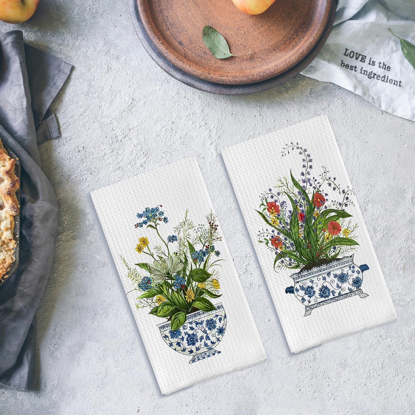 Qpenm Chinoiserie Floral Kitchen Towels Set of 2 - Retro Flower Chinoiserie Dish Towels for Kitchen, Chinoiserie Kitchen Hand Towels, Chinoiserie Waffle Weave Tea Towels Decorative Set 16 X 24 Inch