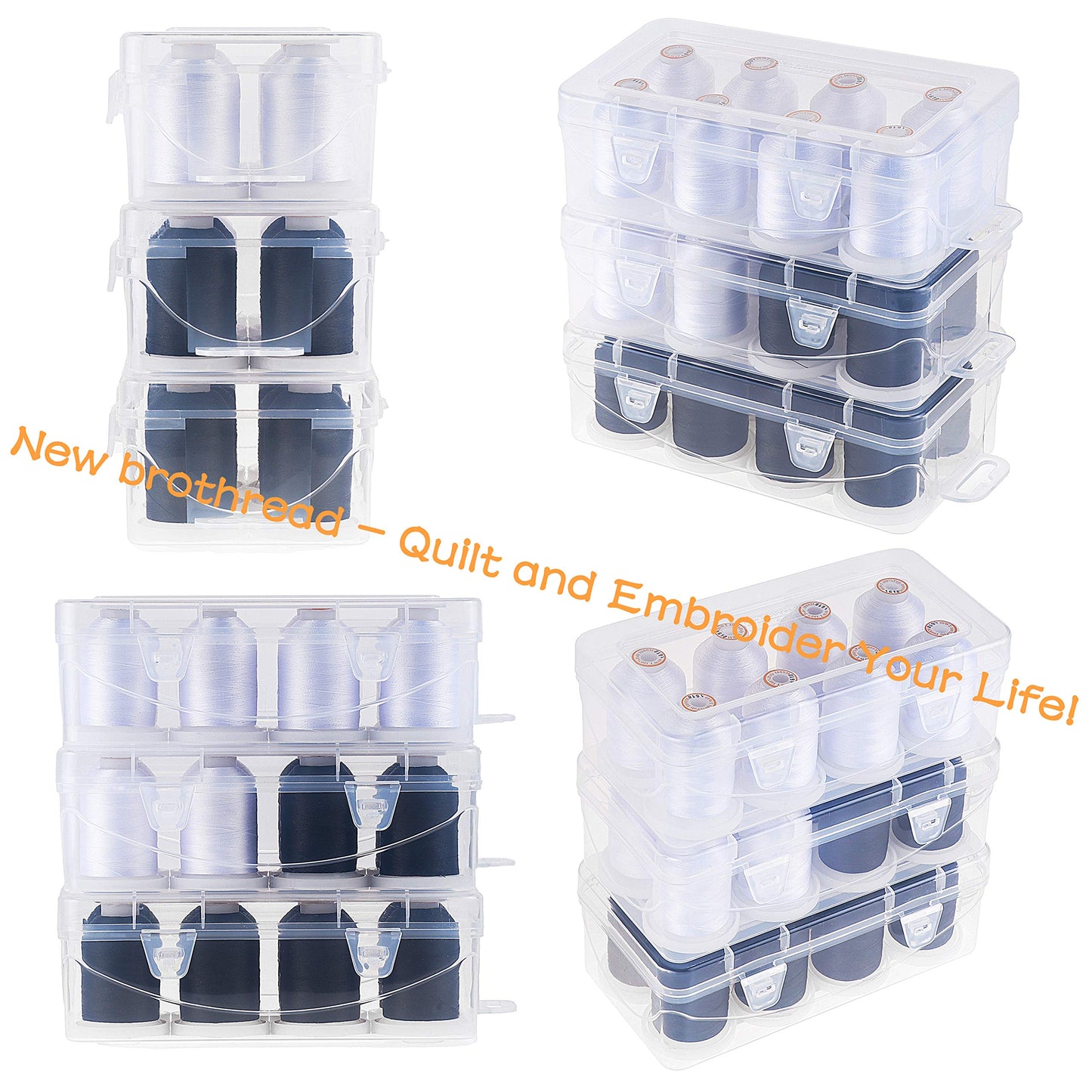 Polyester Embroidery Machine Thread 1000m Each with Clear Plastic Storage Box for Embroidery & Quilting - 4xSnow White+4xBlack