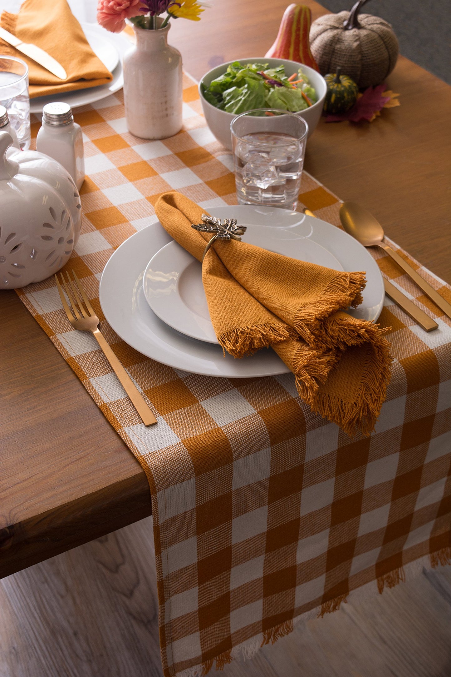 Heavyweight Fringed Check Tabletop Collection, Table Runner, 14x108, Pumpkin Spice