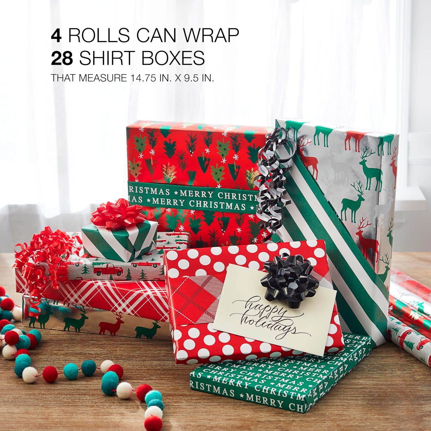 Reversible Christmas Wrapping Paper Rolls, Silver and Red Holiday Gift Wrap (120 sq. ft., 4 Rolls-30 in. x 12 ft.) Little Red Truck Hauling a Christmas Tree, Reindeer, Plaid