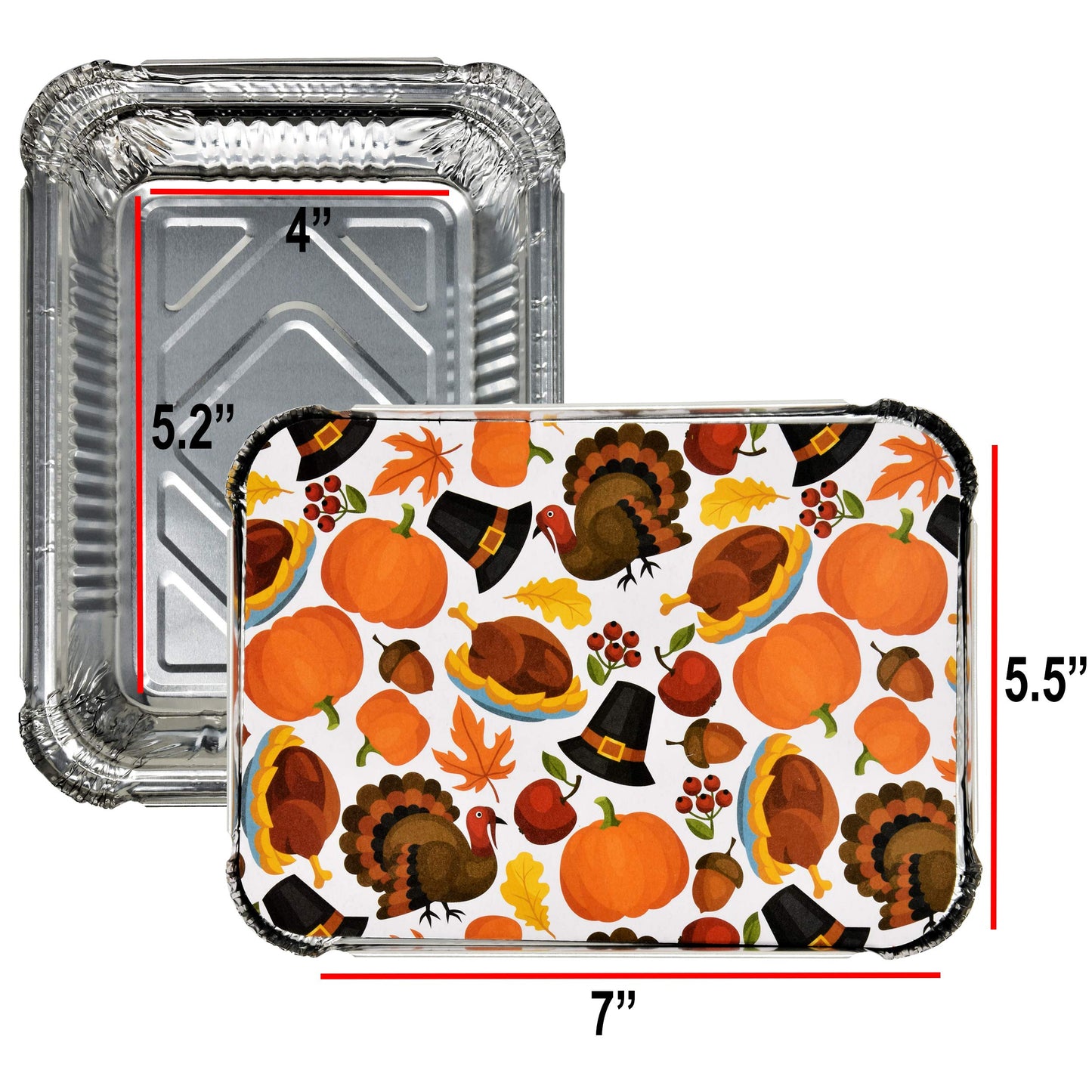 Gift Boutique Thanksgiving Aluminum Foil Pans with Lids – 36 Pack Disposable 7x5x1.5 Inch Rectangular Containers with Festive Turkey and Pumpkin Prints for Holiday Baking, Leftovers, and Desserts