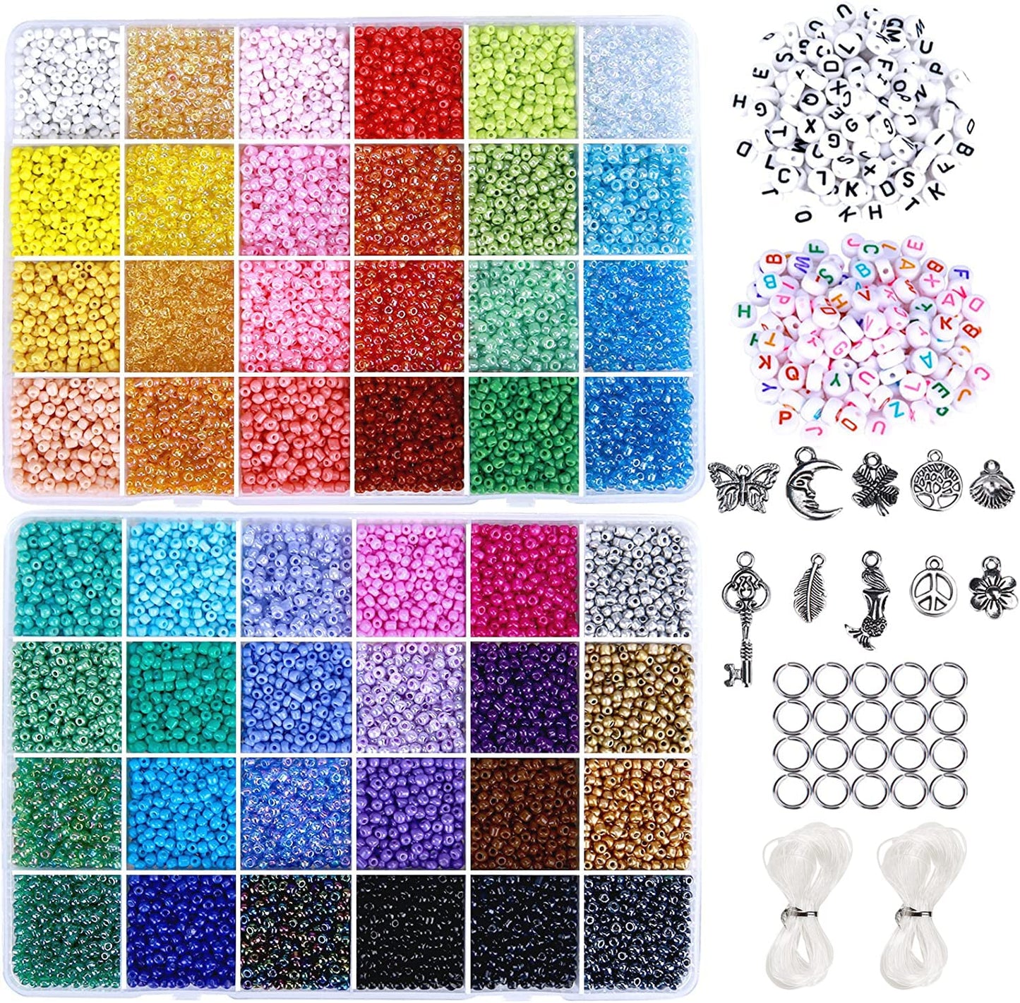 3MM Bracelet Beads Kit for Bracelets Making, 35000pcs Seed Beads Small Glass Beads 8/0 Rainbow Beads Set with Letter Beads Elastic String Charms for Crafts (48 Colors)