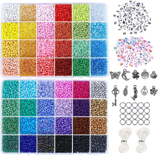 3MM Bracelet Beads Kit for Bracelets Making, 35000pcs Seed Beads Small Glass Beads 8/0 Rainbow Beads Set with Letter Beads Elastic String Charms for Crafts (48 Colors)