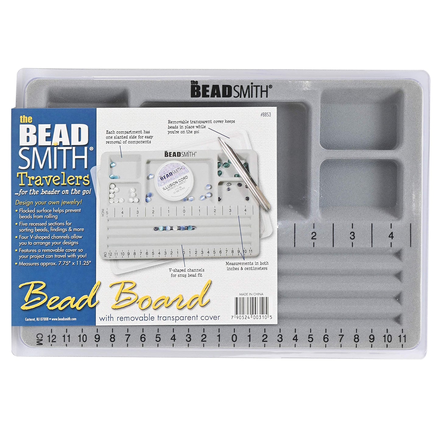The Beadsmith Mini Bead Board, Grey Flocked, 4 Straight Channels, 5 Recessed Compartments, 7.75 x 11.25 inches, design boards for creating bracelets, necklaces and other jewelry